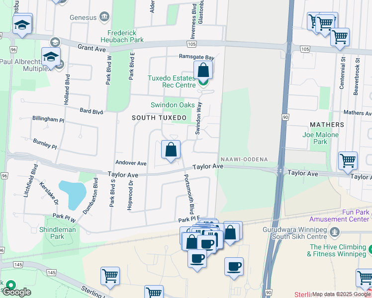 map of restaurants, bars, coffee shops, grocery stores, and more near 109 Swindon Way in Winnipeg