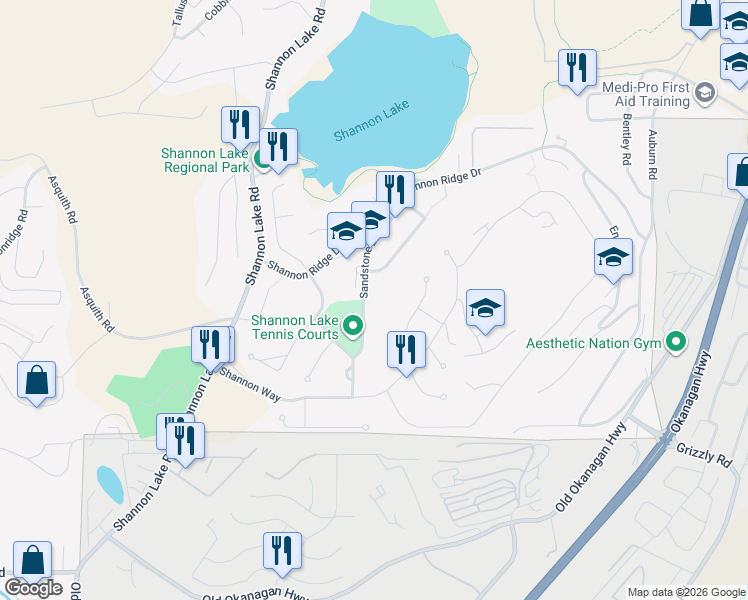 map of restaurants, bars, coffee shops, grocery stores, and more near 3075 Sandstone Drive in West Kelowna