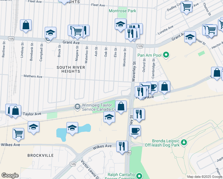 map of restaurants, bars, coffee shops, grocery stores, and more near 1374 Mathers Bay East in Winnipeg
