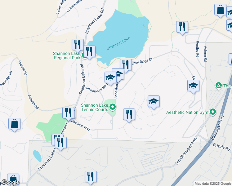 map of restaurants, bars, coffee shops, grocery stores, and more near Sandstone Drive in West Kelowna