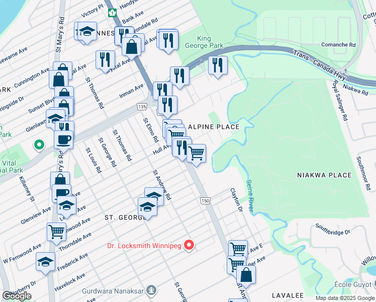 map of restaurants, bars, coffee shops, grocery stores, and more near 291 Saint Anne's Road in Winnipeg