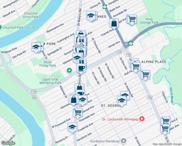 map of restaurants, bars, coffee shops, grocery stores, and more near 16 Saint Louis Road in Winnipeg