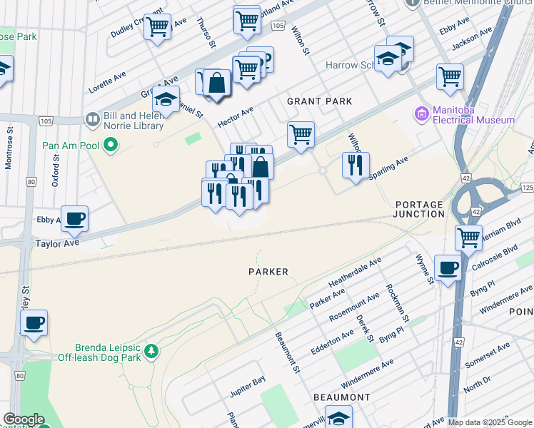 map of restaurants, bars, coffee shops, grocery stores, and more near 1150 Taylor Avenue in Winnipeg