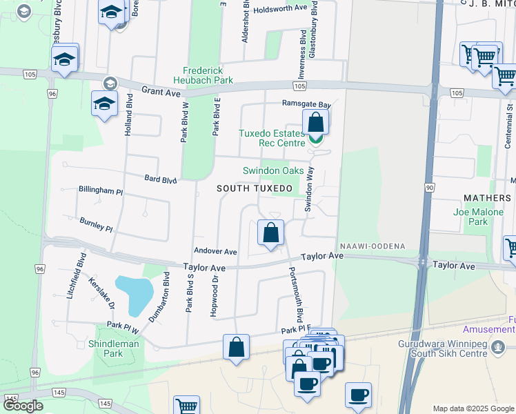 map of restaurants, bars, coffee shops, grocery stores, and more near 120 Portsmouth Boulevard in Winnipeg