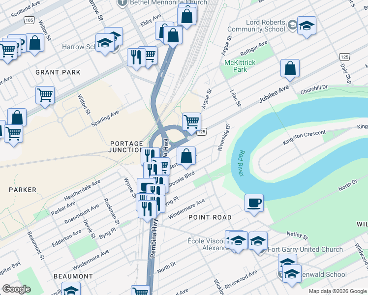 map of restaurants, bars, coffee shops, grocery stores, and more near 924 Jubilee Avenue in Winnipeg