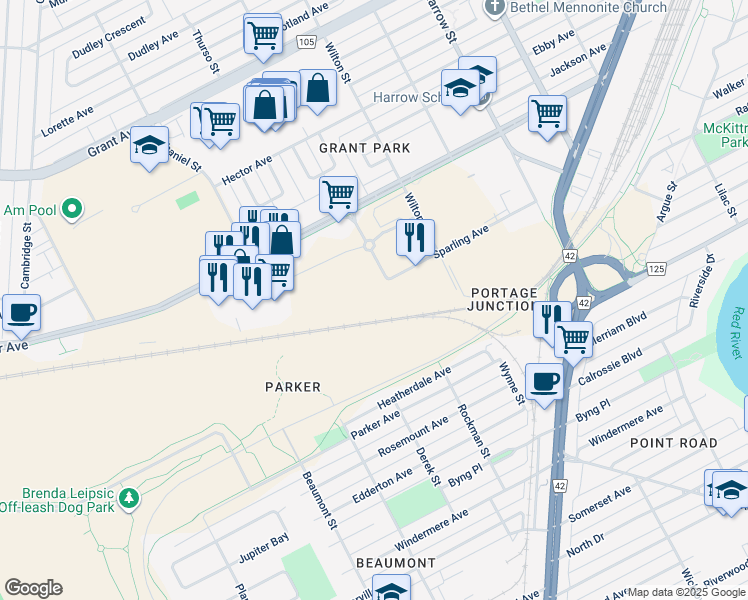 map of restaurants, bars, coffee shops, grocery stores, and more near 720 Sparling Avenue in Winnipeg