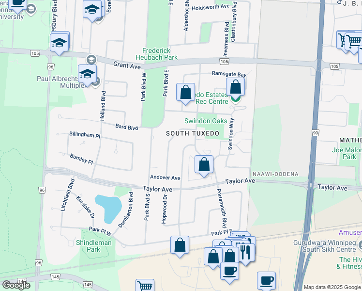 map of restaurants, bars, coffee shops, grocery stores, and more near 14 Coleraine Crescent in Winnipeg