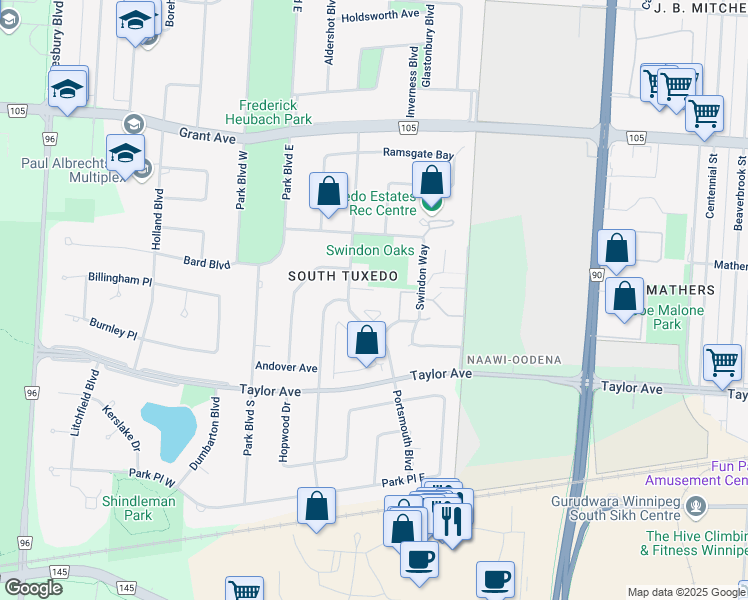 map of restaurants, bars, coffee shops, grocery stores, and more near 125 Portsmouth Boulevard in Winnipeg