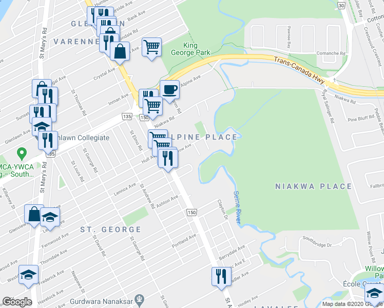 map of restaurants, bars, coffee shops, grocery stores, and more near 34 Morrow Avenue in Winnipeg