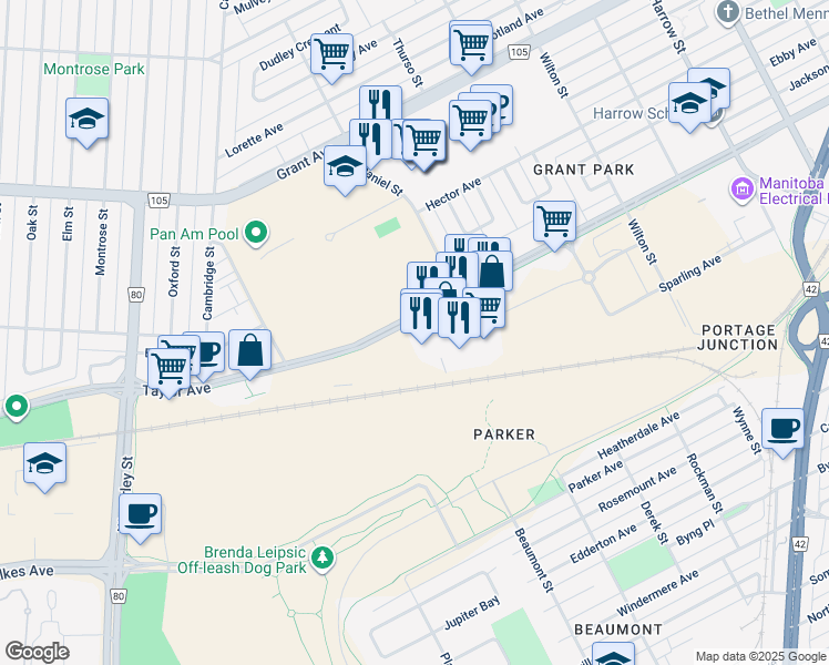 map of restaurants, bars, coffee shops, grocery stores, and more near 1190 Taylor Avenue in Winnipeg