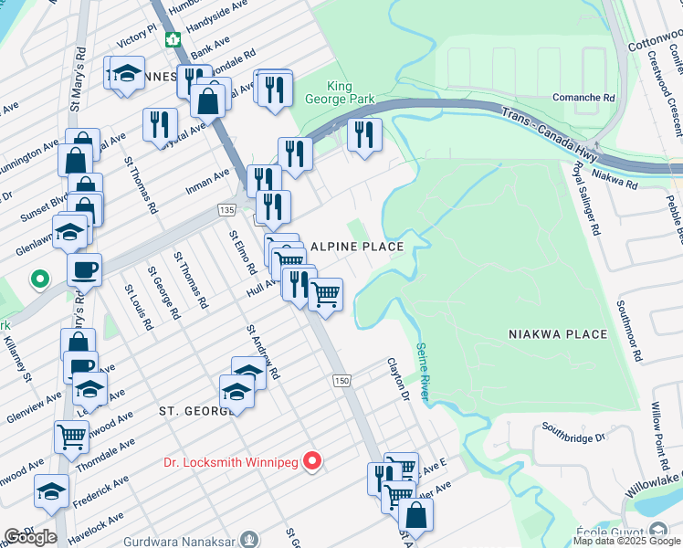 map of restaurants, bars, coffee shops, grocery stores, and more near 34 Morrow Avenue in Winnipeg