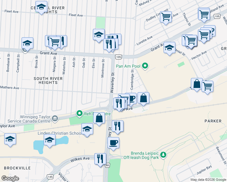 map of restaurants, bars, coffee shops, grocery stores, and more near 800 Waverley Street in Winnipeg