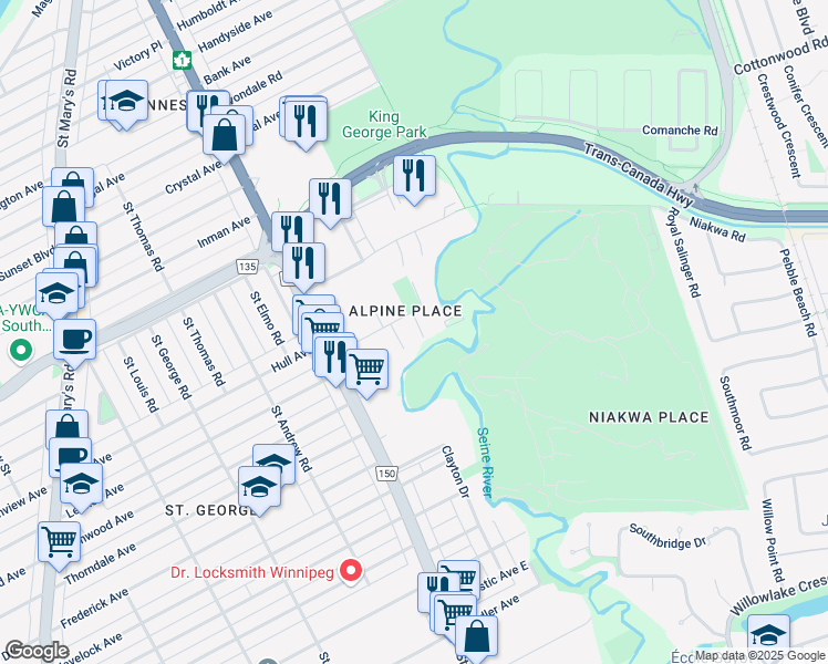map of restaurants, bars, coffee shops, grocery stores, and more near in Winnipeg