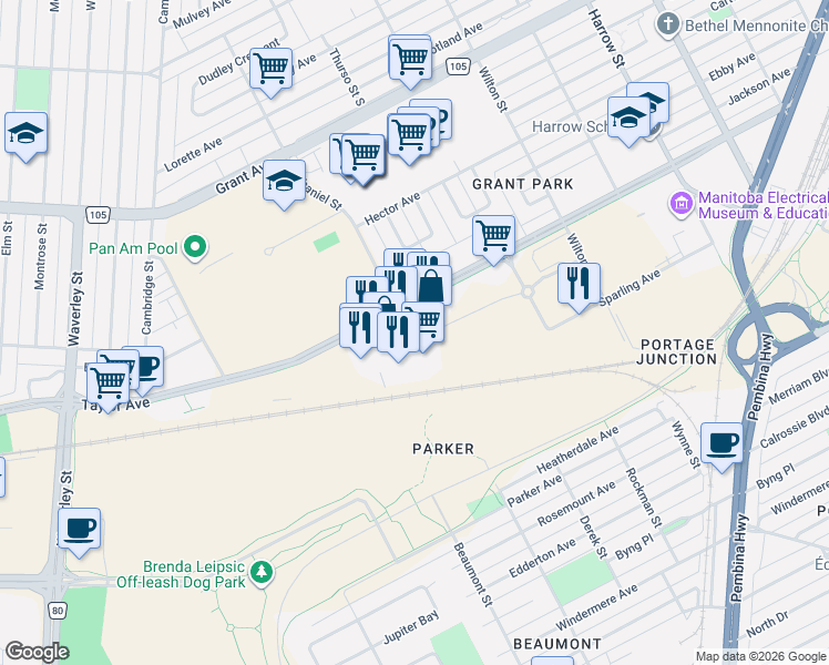 map of restaurants, bars, coffee shops, grocery stores, and more near 1148 Taylor Avenue in Winnipeg