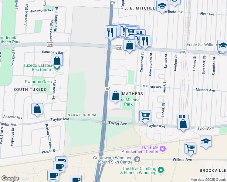map of restaurants, bars, coffee shops, grocery stores, and more near 690 Kenaston Boulevard in Winnipeg