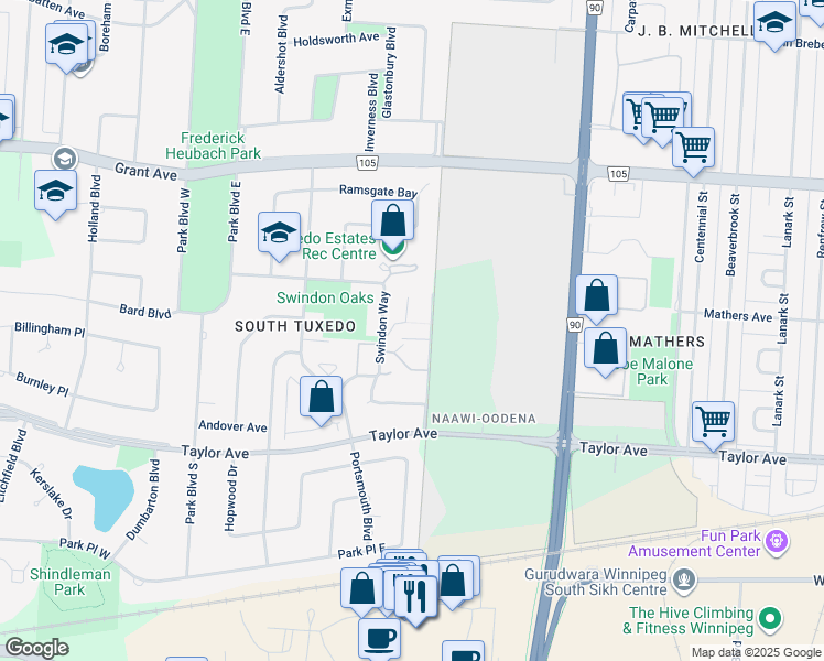 map of restaurants, bars, coffee shops, grocery stores, and more near 83 Swindon Way in Winnipeg