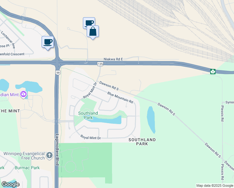 map of restaurants, bars, coffee shops, grocery stores, and more near 55 Blue Mountain Road in Winnipeg