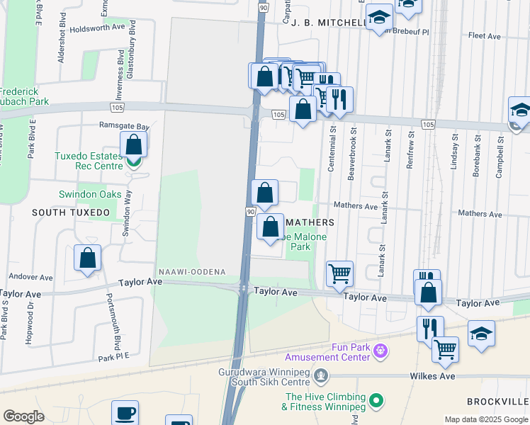 map of restaurants, bars, coffee shops, grocery stores, and more near 1 Boulton Bay in Winnipeg