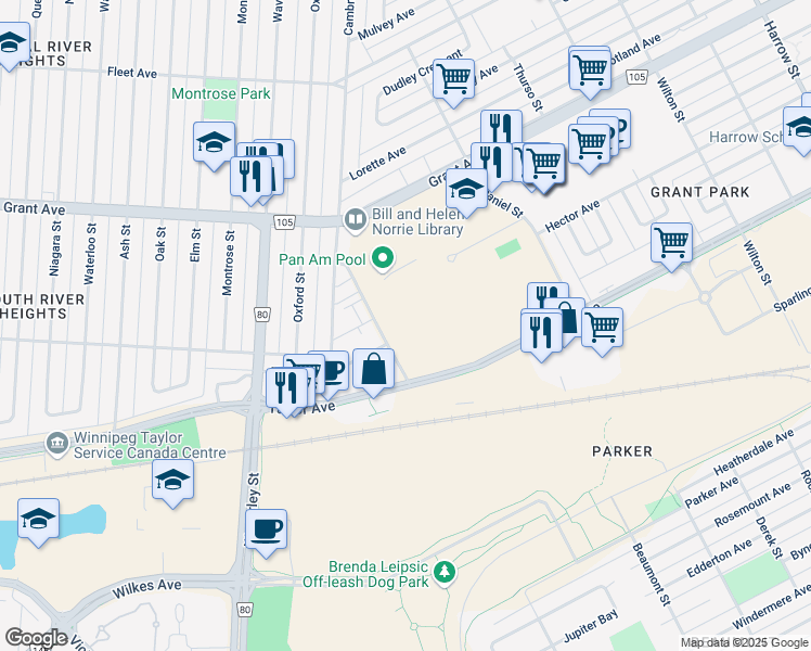 map of restaurants, bars, coffee shops, grocery stores, and more near 75 Poseidon Bay in Winnipeg