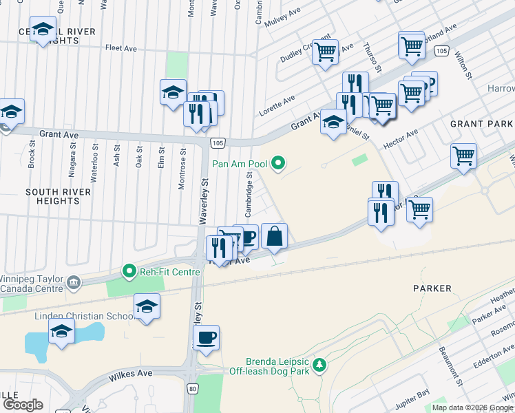 map of restaurants, bars, coffee shops, grocery stores, and more near in Winnipeg