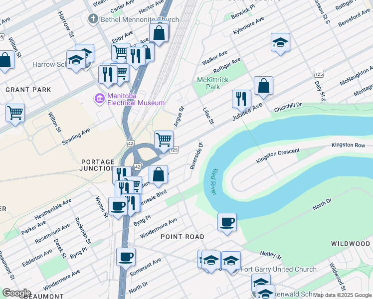 map of restaurants, bars, coffee shops, grocery stores, and more near 859 Jubilee Avenue in Winnipeg