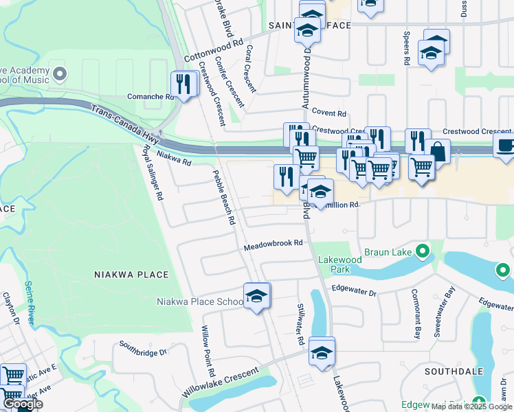 map of restaurants, bars, coffee shops, grocery stores, and more near 39 Weatherstone Place in Winnipeg