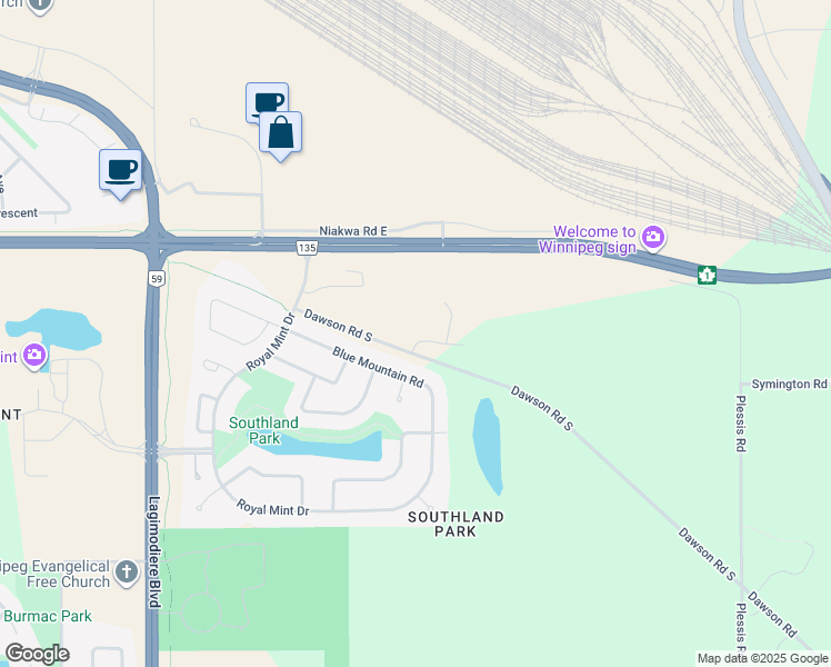 map of restaurants, bars, coffee shops, grocery stores, and more near 1501 Dawson Road South in Winnipeg