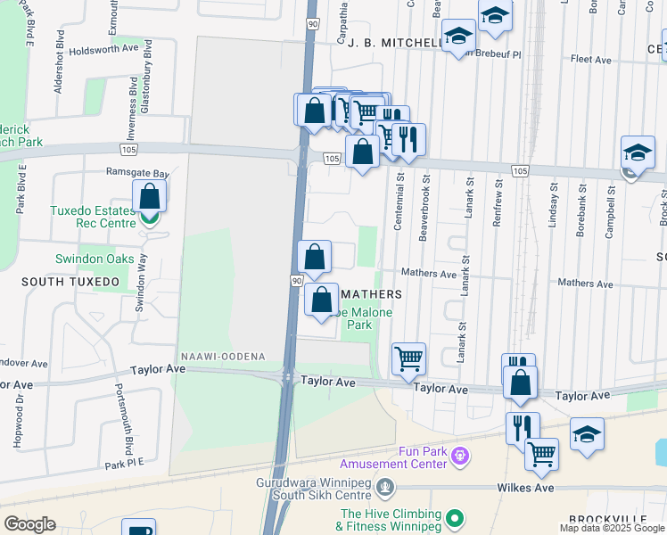 map of restaurants, bars, coffee shops, grocery stores, and more near 1 Boulton Bay in Winnipeg