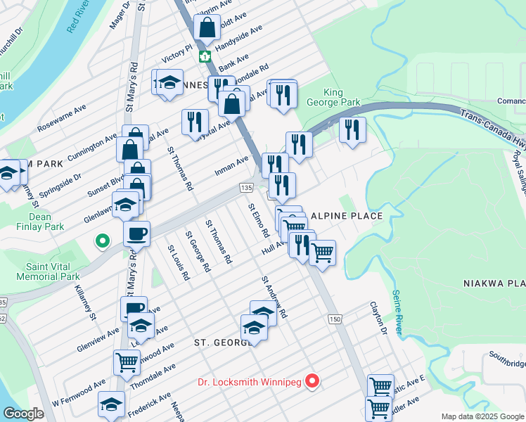map of restaurants, bars, coffee shops, grocery stores, and more near 21 Saint Elmo Road in Winnipeg