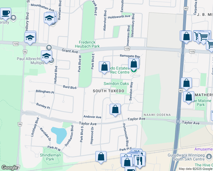 map of restaurants, bars, coffee shops, grocery stores, and more near 7 Dunbar Crescent in Winnipeg