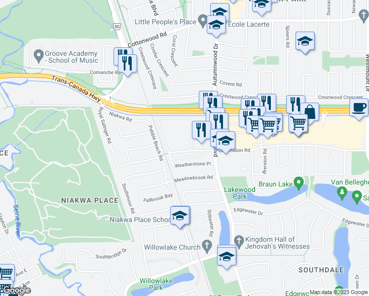 map of restaurants, bars, coffee shops, grocery stores, and more near 7 Weatherstone Place in Winnipeg