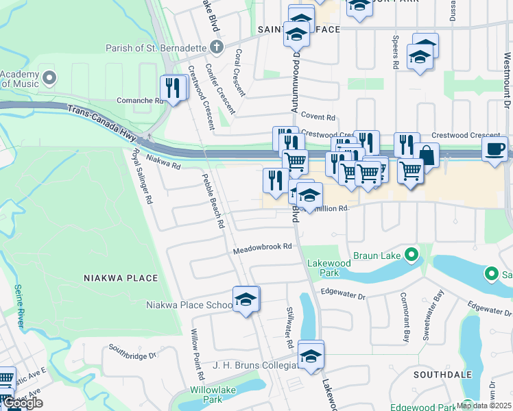 map of restaurants, bars, coffee shops, grocery stores, and more near 7 Weatherstone Place in Winnipeg
