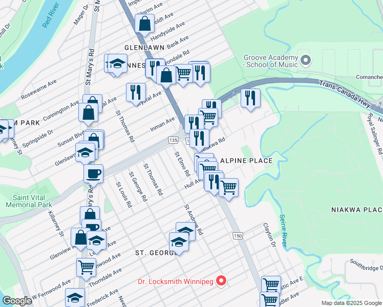 map of restaurants, bars, coffee shops, grocery stores, and more near 21 Saint Elmo Road in Winnipeg