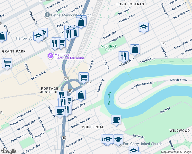 map of restaurants, bars, coffee shops, grocery stores, and more near 859 Jubilee Avenue in Winnipeg
