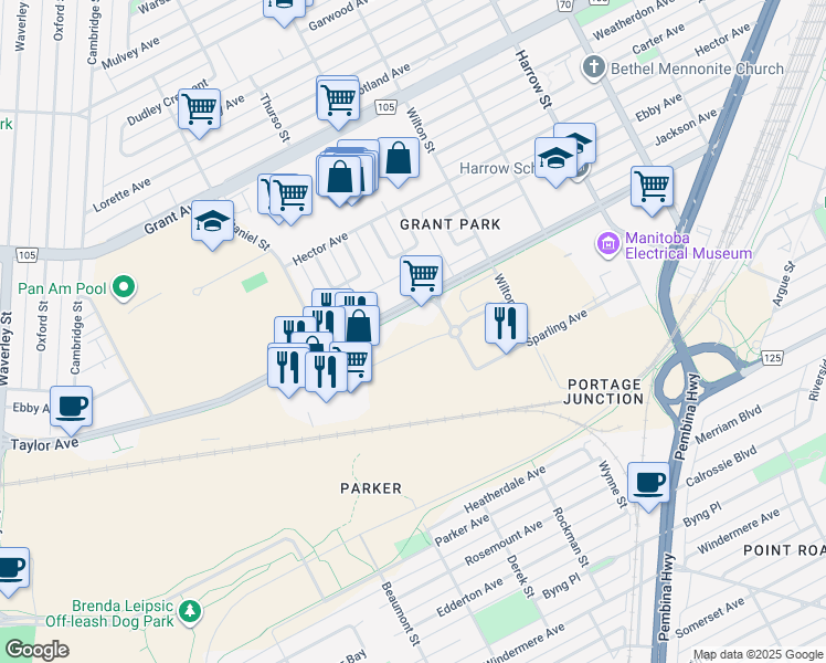 map of restaurants, bars, coffee shops, grocery stores, and more near 1100 Taylor Avenue in Winnipeg