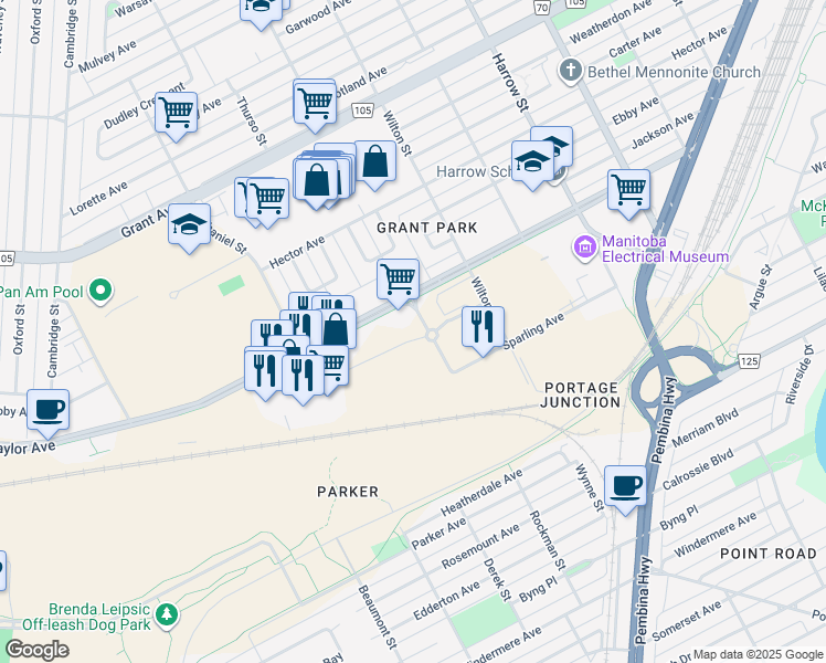 map of restaurants, bars, coffee shops, grocery stores, and more near 1090 Taylor Avenue in Winnipeg