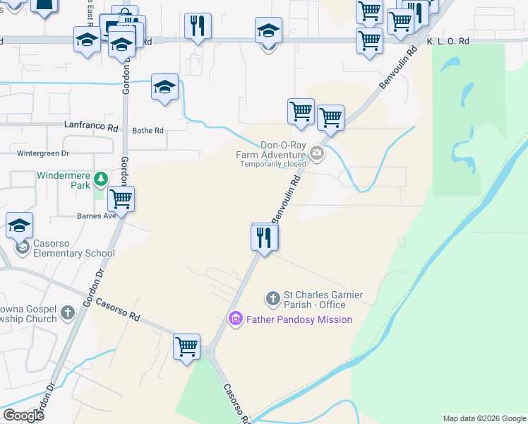 map of restaurants, bars, coffee shops, grocery stores, and more near 3588 Benvoulin Road in Kelowna