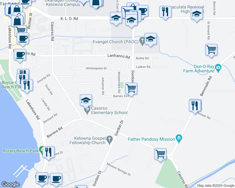 map of restaurants, bars, coffee shops, grocery stores, and more near 3598 Windermere Road in Kelowna