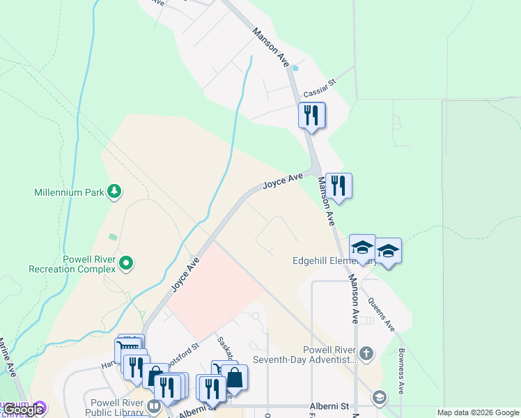 map of restaurants, bars, coffee shops, grocery stores, and more near 5100 Joyce Avenue in Powell River
