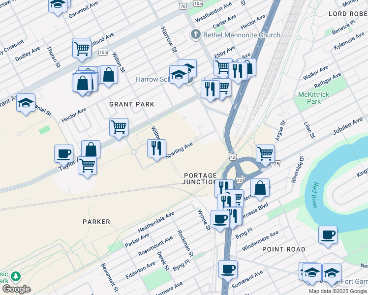 map of restaurants, bars, coffee shops, grocery stores, and more near 720 Sparling Avenue in Winnipeg