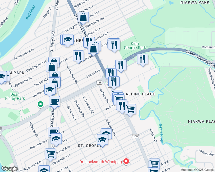 map of restaurants, bars, coffee shops, grocery stores, and more near 21 Saint Elmo Road in Winnipeg