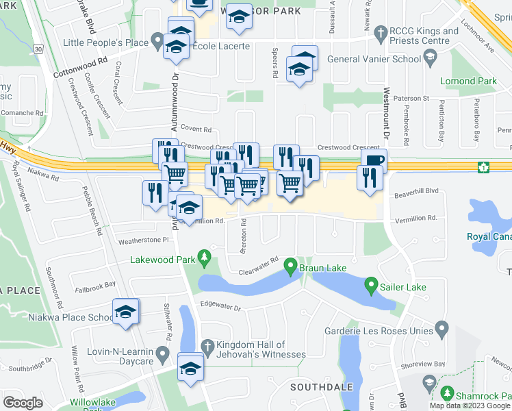 map of restaurants, bars, coffee shops, grocery stores, and more near 77 Vermillion Road in Winnipeg