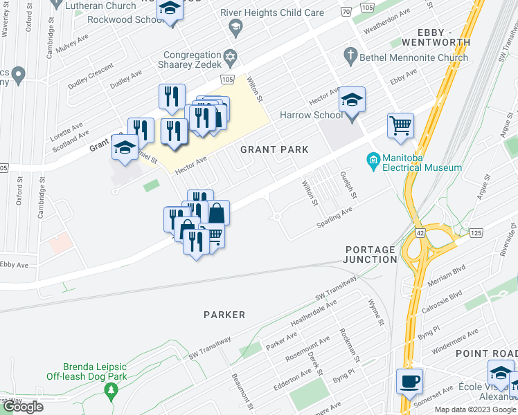 map of restaurants, bars, coffee shops, grocery stores, and more near 1100 Taylor Avenue in Winnipeg