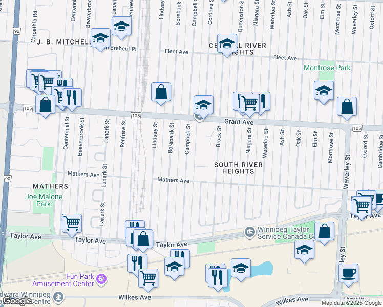 map of restaurants, bars, coffee shops, grocery stores, and more near 792 Campbell Street in Winnipeg