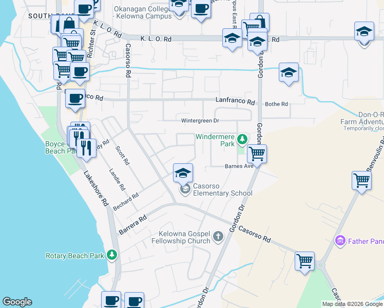 map of restaurants, bars, coffee shops, grocery stores, and more near 3535 Casorso Road in Kelowna