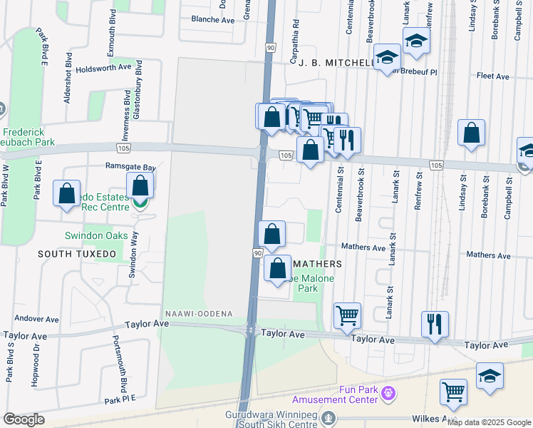 map of restaurants, bars, coffee shops, grocery stores, and more near 602 Kenaston Boulevard in Winnipeg