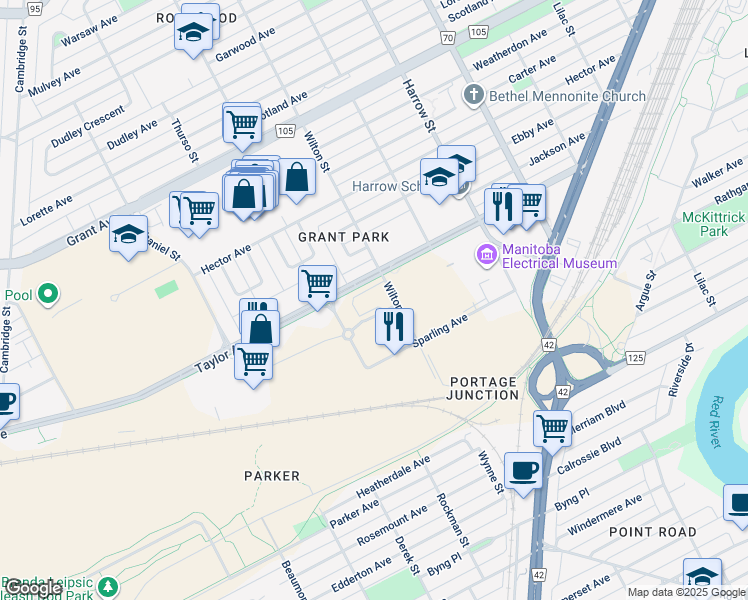 map of restaurants, bars, coffee shops, grocery stores, and more near in Winnipeg