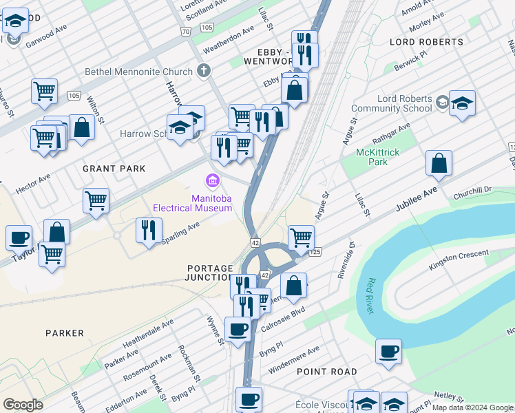 map of restaurants, bars, coffee shops, grocery stores, and more near 890 Pembina Highway in Winnipeg