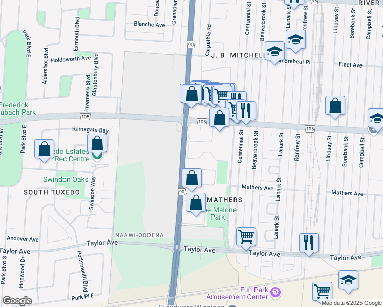map of restaurants, bars, coffee shops, grocery stores, and more near 602 Kenaston Boulevard in Winnipeg