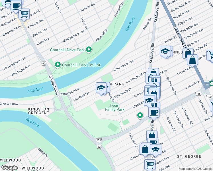 map of restaurants, bars, coffee shops, grocery stores, and more near 6 Killarney Street in Winnipeg